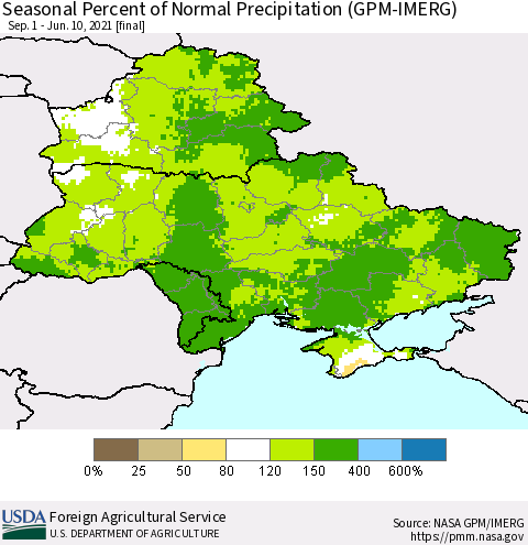 Ukraine, Moldova and Belarus Seasonal Percent of Normal Precipitation (GPM-IMERG) Thematic Map For 9/1/2020 - 6/10/2021