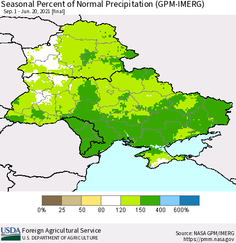 Ukraine, Moldova and Belarus Seasonal Percent of Normal Precipitation (GPM-IMERG) Thematic Map For 9/1/2020 - 6/20/2021