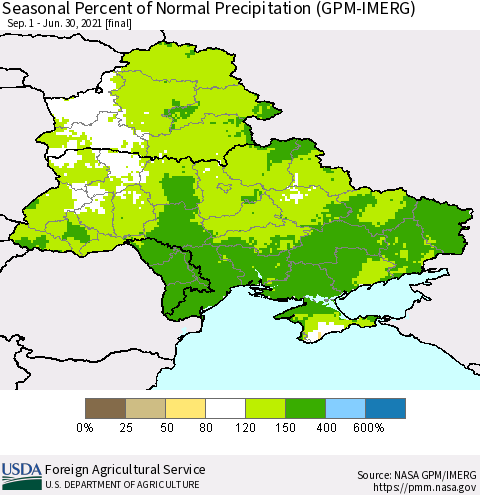 Ukraine, Moldova and Belarus Seasonal Percent of Normal Precipitation (GPM-IMERG) Thematic Map For 9/1/2020 - 6/30/2021