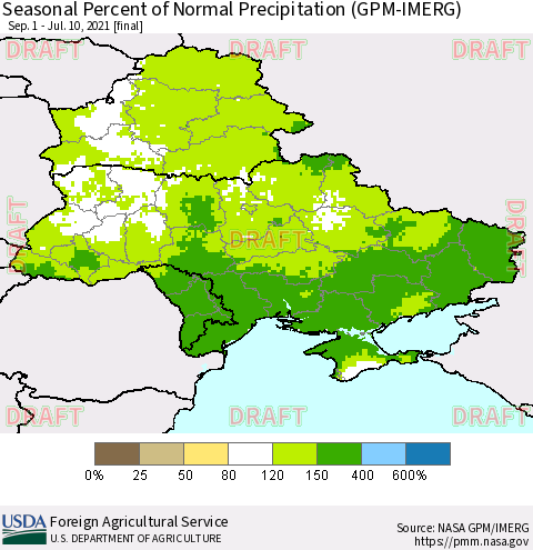 Ukraine, Moldova and Belarus Seasonal Percent of Normal Precipitation (GPM-IMERG) Thematic Map For 9/1/2020 - 7/10/2021