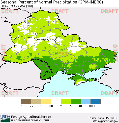 Ukraine, Moldova and Belarus Seasonal Percent of Normal Precipitation (GPM-IMERG) Thematic Map For 9/1/2020 - 8/10/2021