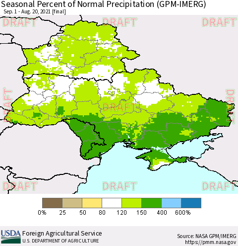 Ukraine, Moldova and Belarus Seasonal Percent of Normal Precipitation (GPM-IMERG) Thematic Map For 9/1/2020 - 8/20/2021