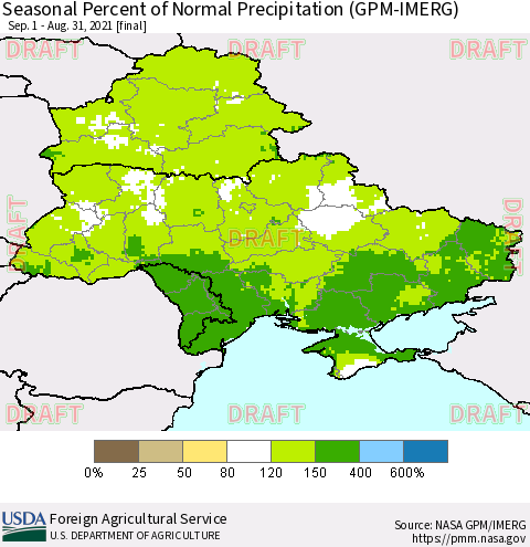 Ukraine, Moldova and Belarus Seasonal Percent of Normal Precipitation (GPM-IMERG) Thematic Map For 9/1/2020 - 8/31/2021