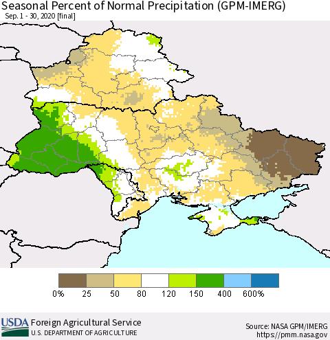 Ukraine, Moldova and Belarus Seasonal Percent of Normal Precipitation (GPM-IMERG) Thematic Map For 9/1/2020 - 9/30/2020
