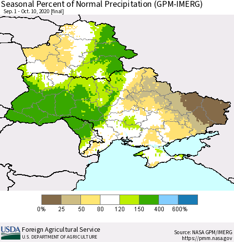 Ukraine, Moldova and Belarus Seasonal Percent of Normal Precipitation (GPM-IMERG) Thematic Map For 9/1/2020 - 10/10/2020