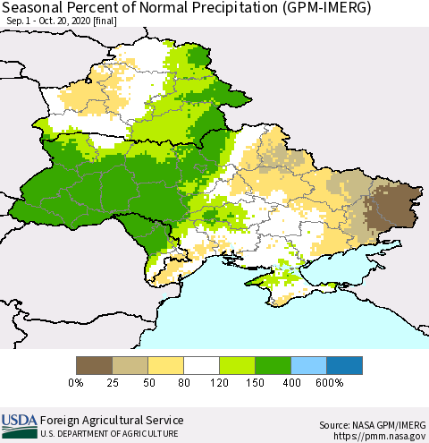 Ukraine, Moldova and Belarus Seasonal Percent of Normal Precipitation (GPM-IMERG) Thematic Map For 9/1/2020 - 10/20/2020
