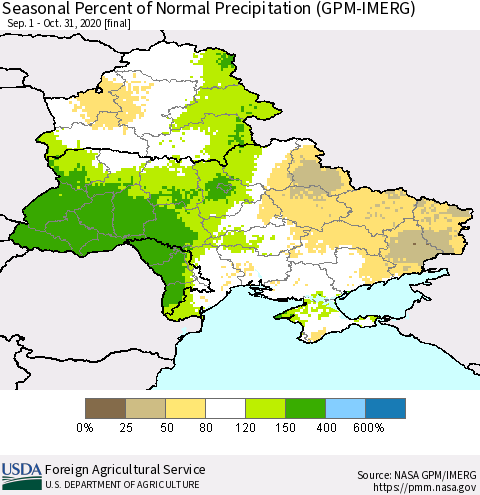 Ukraine, Moldova and Belarus Seasonal Percent of Normal Precipitation (GPM-IMERG) Thematic Map For 9/1/2020 - 10/31/2020