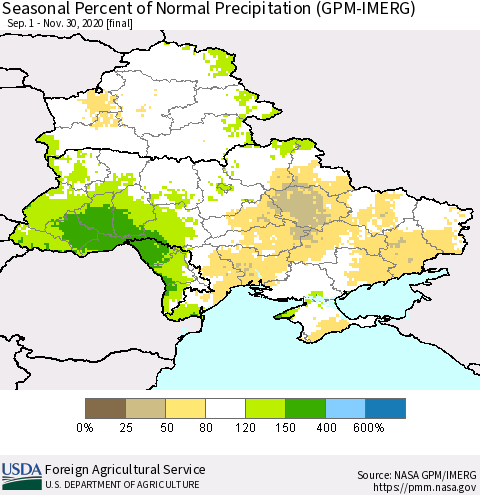 Ukraine, Moldova and Belarus Seasonal Percent of Normal Precipitation (GPM-IMERG) Thematic Map For 9/1/2020 - 11/30/2020
