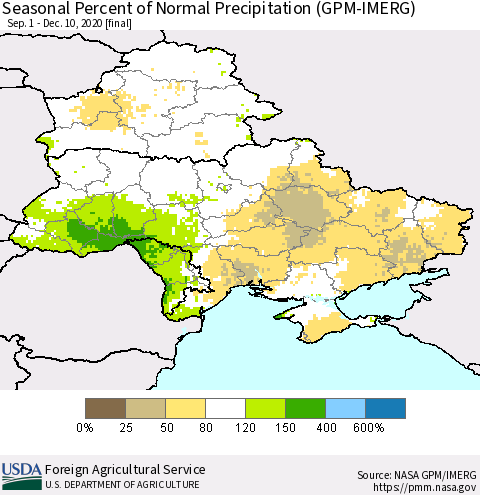 Ukraine, Moldova and Belarus Seasonal Percent of Normal Precipitation (GPM-IMERG) Thematic Map For 9/1/2020 - 12/10/2020