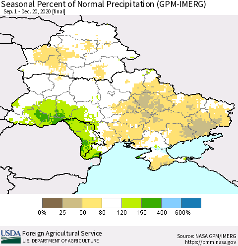 Ukraine, Moldova and Belarus Seasonal Percent of Normal Precipitation (GPM-IMERG) Thematic Map For 9/1/2020 - 12/20/2020