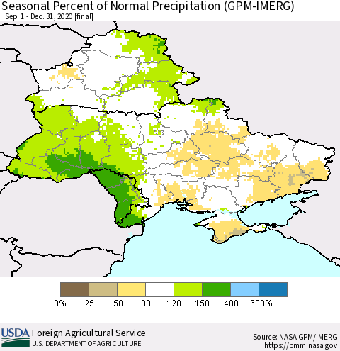 Ukraine, Moldova and Belarus Seasonal Percent of Normal Precipitation (GPM-IMERG) Thematic Map For 9/1/2020 - 12/31/2020