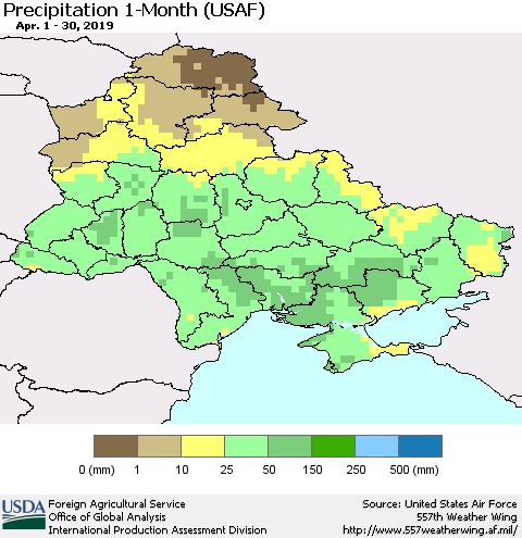 Ukraine, Moldova and Belarus Precipitation 1-Month (USAF) Thematic Map For 4/1/2019 - 4/30/2019