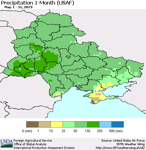 Ukraine, Moldova and Belarus Precipitation 1-Month (USAF) Thematic Map For 5/1/2019 - 5/31/2019