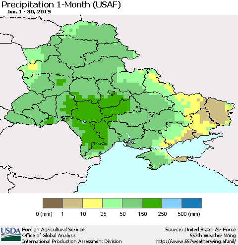 Ukraine, Moldova and Belarus Precipitation 1-Month (USAF) Thematic Map For 6/1/2019 - 6/30/2019