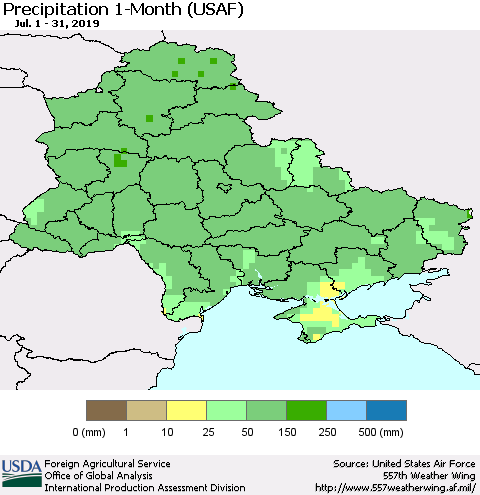 Ukraine, Moldova and Belarus Precipitation 1-Month (USAF) Thematic Map For 7/1/2019 - 7/31/2019