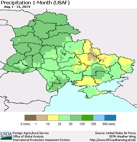 Ukraine, Moldova and Belarus Precipitation 1-Month (USAF) Thematic Map For 8/1/2019 - 8/31/2019