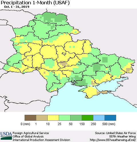 Ukraine, Moldova and Belarus Precipitation 1-Month (USAF) Thematic Map For 10/1/2019 - 10/31/2019