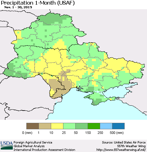 Ukraine, Moldova and Belarus Precipitation 1-Month (USAF) Thematic Map For 11/1/2019 - 11/30/2019