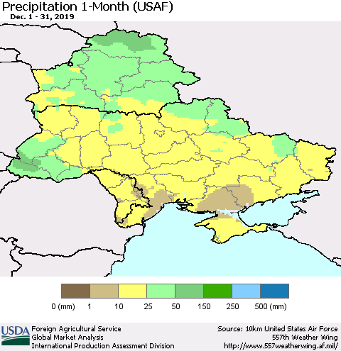Ukraine, Moldova and Belarus Precipitation 1-Month (USAF) Thematic Map For 12/1/2019 - 12/31/2019