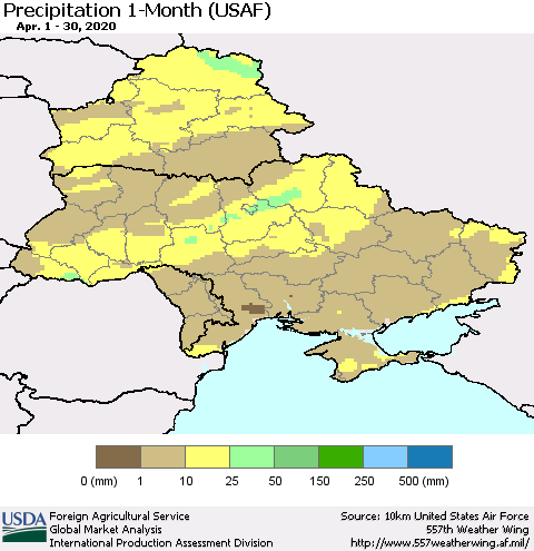Ukraine, Moldova and Belarus Precipitation 1-Month (USAF) Thematic Map For 4/1/2020 - 4/30/2020