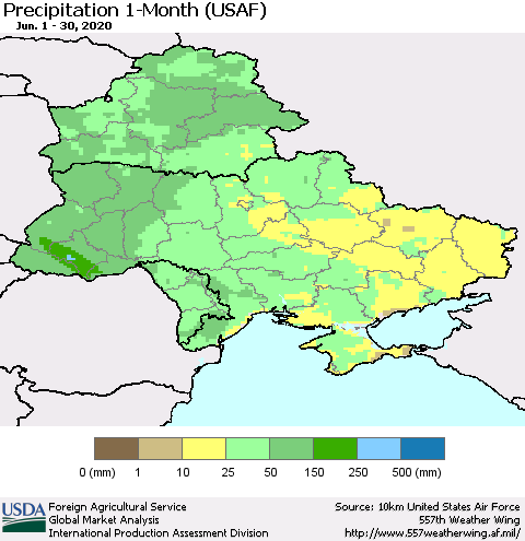 Ukraine, Moldova and Belarus Precipitation 1-Month (USAF) Thematic Map For 6/1/2020 - 6/30/2020