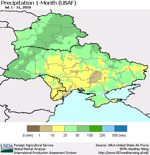 Ukraine, Moldova and Belarus Precipitation 1-Month (USAF) Thematic Map For 7/1/2020 - 7/31/2020