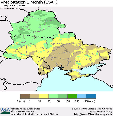 Ukraine, Moldova and Belarus Precipitation 1-Month (USAF) Thematic Map For 8/1/2020 - 8/31/2020