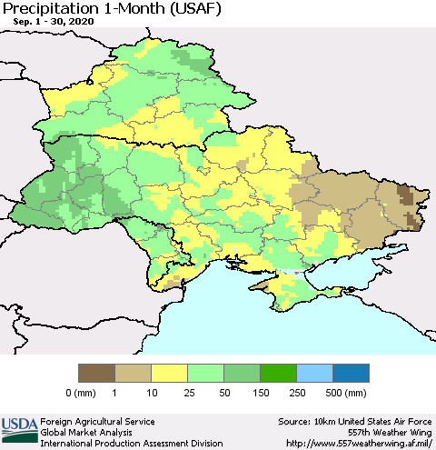 Ukraine, Moldova and Belarus Precipitation 1-Month (USAF) Thematic Map For 9/1/2020 - 9/30/2020