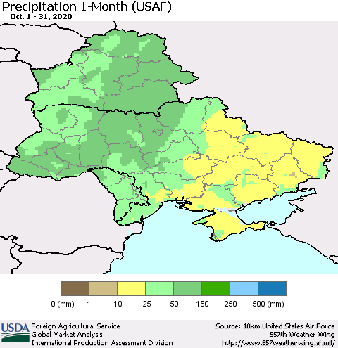 Ukraine, Moldova and Belarus Precipitation 1-Month (USAF) Thematic Map For 10/1/2020 - 10/31/2020