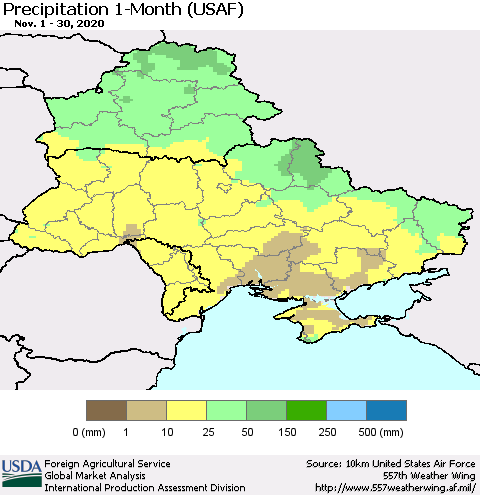Ukraine, Moldova and Belarus Precipitation 1-Month (USAF) Thematic Map For 11/1/2020 - 11/30/2020