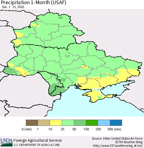 Ukraine, Moldova and Belarus Precipitation 1-Month (USAF) Thematic Map For 12/1/2020 - 12/31/2020