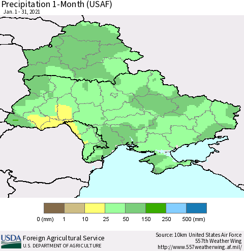 Ukraine, Moldova and Belarus Precipitation 1-Month (USAF) Thematic Map For 1/1/2021 - 1/31/2021