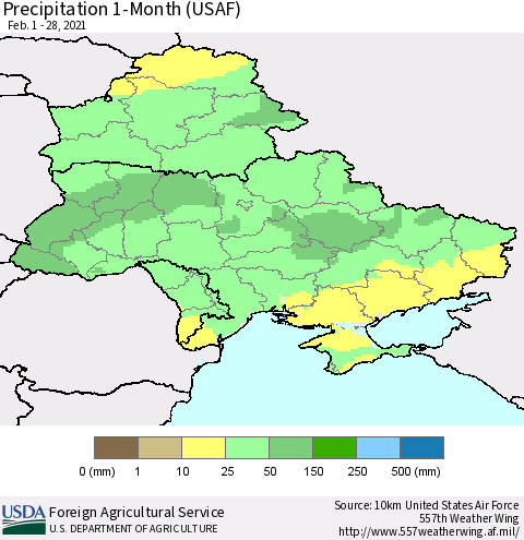Ukraine, Moldova and Belarus Precipitation 1-Month (USAF) Thematic Map For 2/1/2021 - 2/28/2021