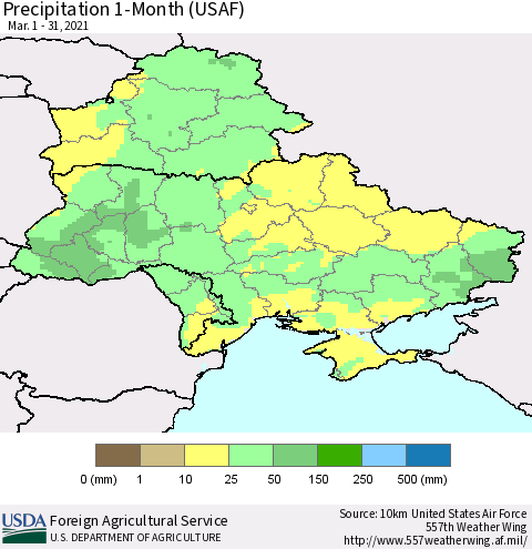 Ukraine, Moldova and Belarus Precipitation 1-Month (USAF) Thematic Map For 3/1/2021 - 3/31/2021