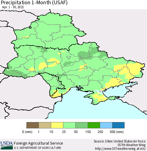Ukraine, Moldova and Belarus Precipitation 1-Month (USAF) Thematic Map For 4/1/2021 - 4/30/2021