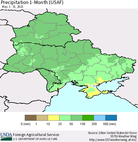 Ukraine, Moldova and Belarus Precipitation 1-Month (USAF) Thematic Map For 5/1/2021 - 5/31/2021