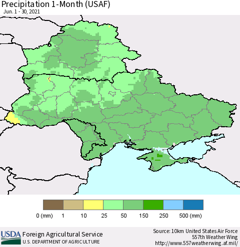 Ukraine, Moldova and Belarus Precipitation 1-Month (USAF) Thematic Map For 6/1/2021 - 6/30/2021
