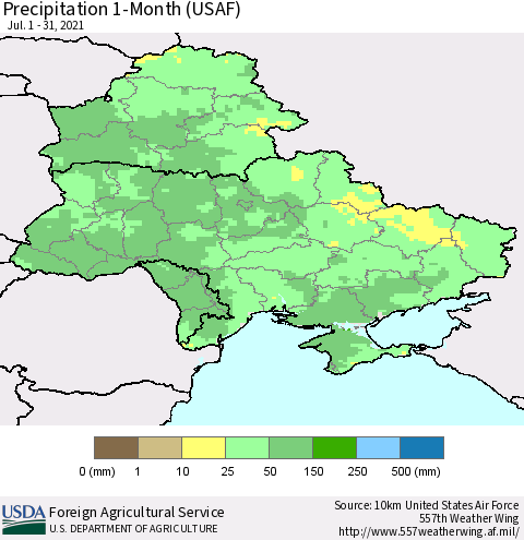 Ukraine, Moldova and Belarus Precipitation 1-Month (USAF) Thematic Map For 7/1/2021 - 7/31/2021