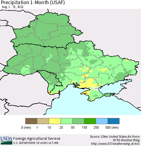 Ukraine, Moldova and Belarus Precipitation 1-Month (USAF) Thematic Map For 8/1/2021 - 8/31/2021