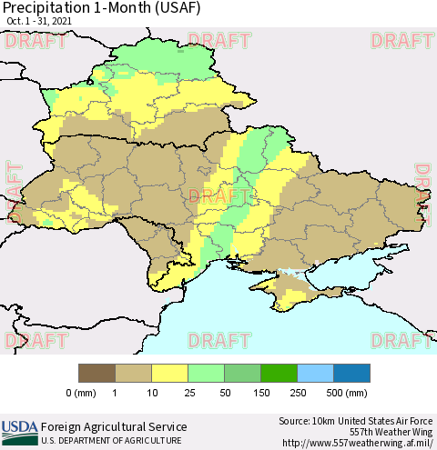 Ukraine, Moldova and Belarus Precipitation 1-Month (USAF) Thematic Map For 10/1/2021 - 10/31/2021