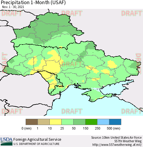 Ukraine, Moldova and Belarus Precipitation 1-Month (USAF) Thematic Map For 11/1/2021 - 11/30/2021