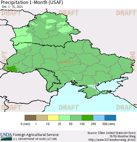 Ukraine, Moldova and Belarus Precipitation 1-Month (USAF) Thematic Map For 12/1/2021 - 12/31/2021