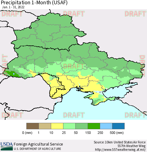 Ukraine, Moldova and Belarus Precipitation 1-Month (USAF) Thematic Map For 1/1/2022 - 1/31/2022