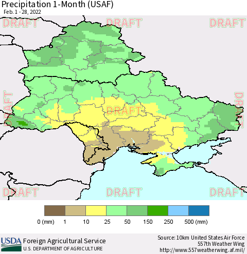 Ukraine, Moldova and Belarus Precipitation 1-Month (USAF) Thematic Map For 2/1/2022 - 2/28/2022