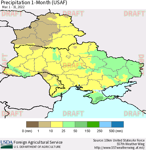 Ukraine, Moldova and Belarus Precipitation 1-Month (USAF) Thematic Map For 3/1/2022 - 3/31/2022