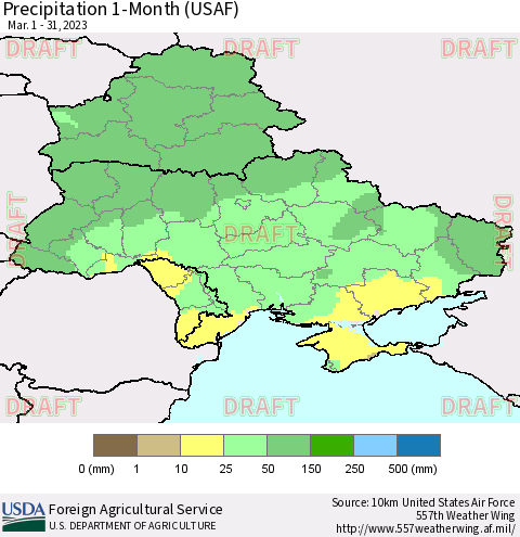 Ukraine, Moldova and Belarus Precipitation 1-Month (USAF) Thematic Map For 3/1/2023 - 3/31/2023