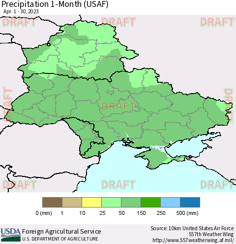 Ukraine, Moldova and Belarus Precipitation 1-Month (USAF) Thematic Map For 4/1/2023 - 4/30/2023