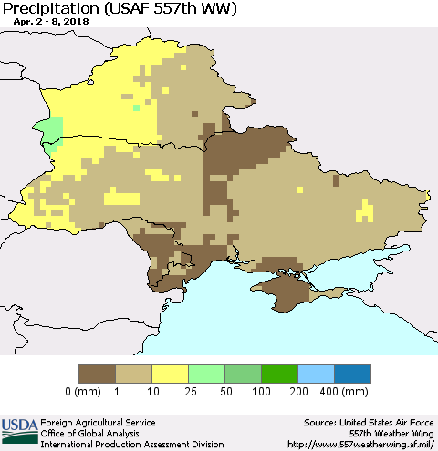 Ukraine, Moldova and Belarus Precipitation (USAF 557th WW) Thematic Map For 4/2/2018 - 4/8/2018