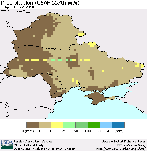 Ukraine, Moldova and Belarus Precipitation (USAF 557th WW) Thematic Map For 4/16/2018 - 4/22/2018