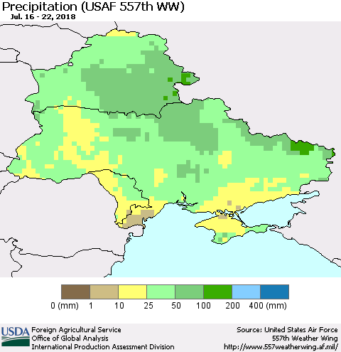Ukraine, Moldova and Belarus Precipitation (USAF 557th WW) Thematic Map For 7/16/2018 - 7/22/2018